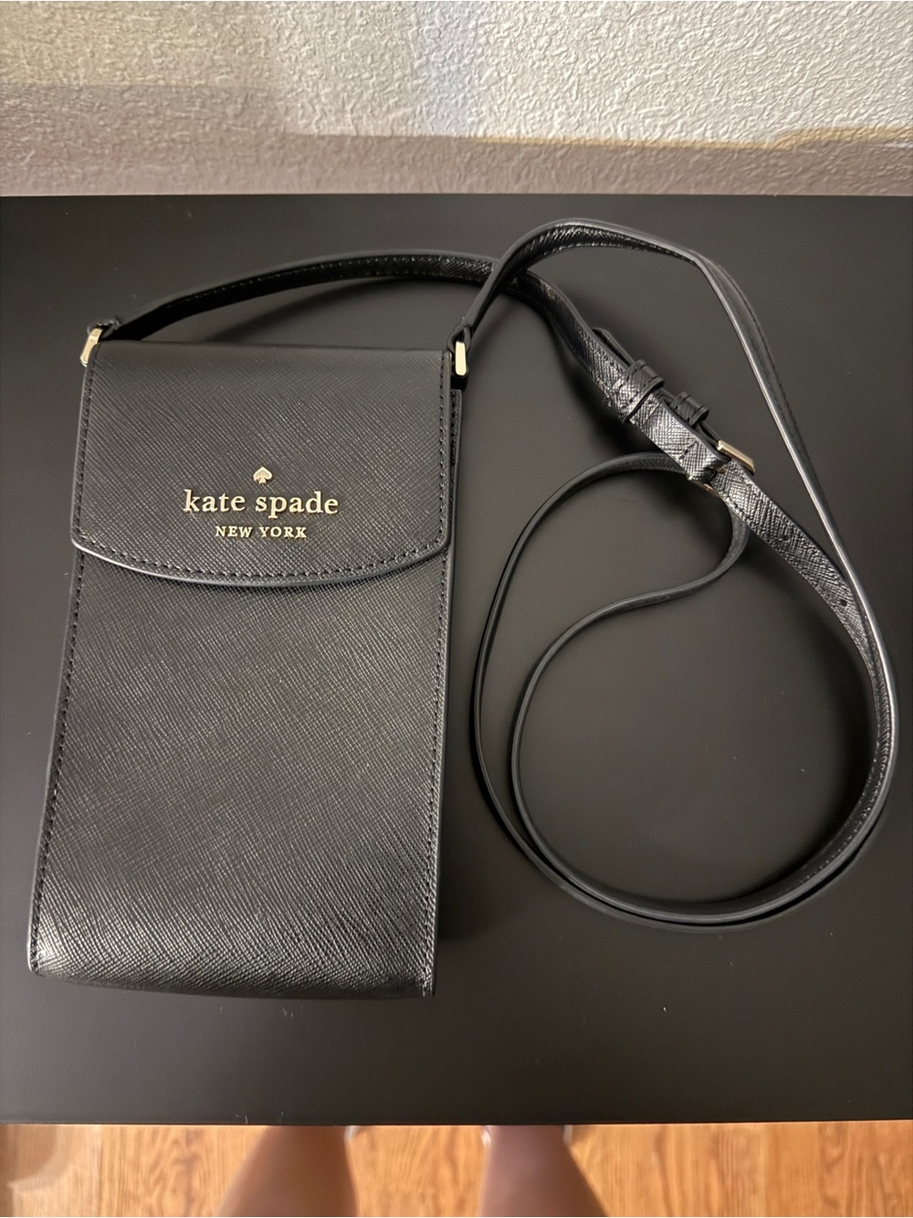 kate spade Black Saffiano Crossbody Phone Pouch with Gold Logo